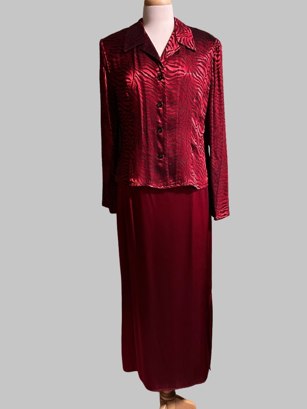 Vintage 90s SL Fashions Red Liquid Satin Maxi Dress & Animal Print Jacket Set 12